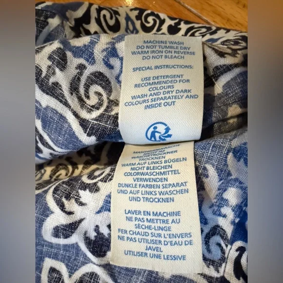 Boden 100% Linen Shift Dress Blue White Geometric Print 3/4 Sleeve Womens Sz 12R - Picture 7 of 13